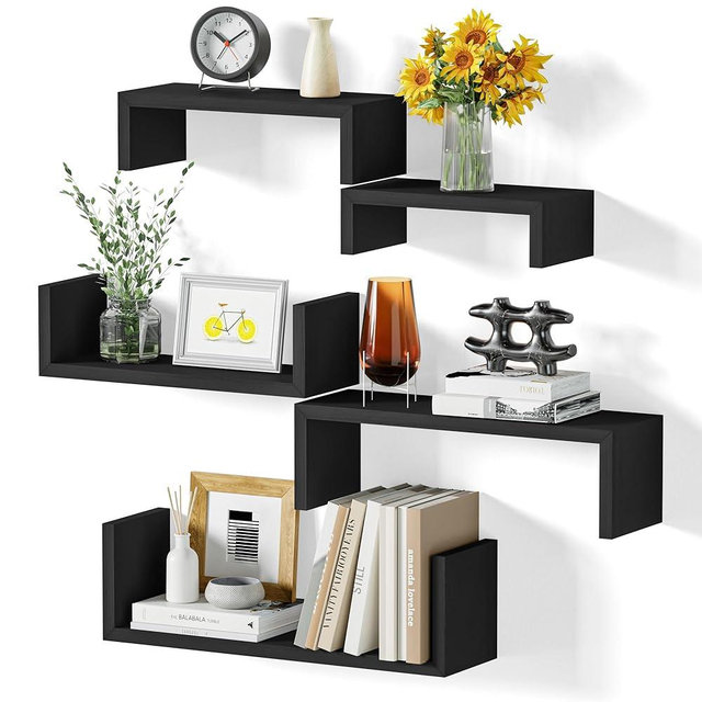 SRIWATANA Floating Shelves for Wall, Wall Shelves for Bathroom, Bedroom, Living Room, Kitchen, Office, Wood Shelves for Home Decor Set of 5 (Weathered Black)