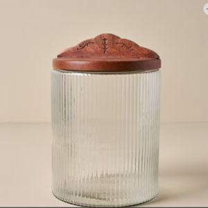 Large Antiqued Wood Ribbed Glass Canister