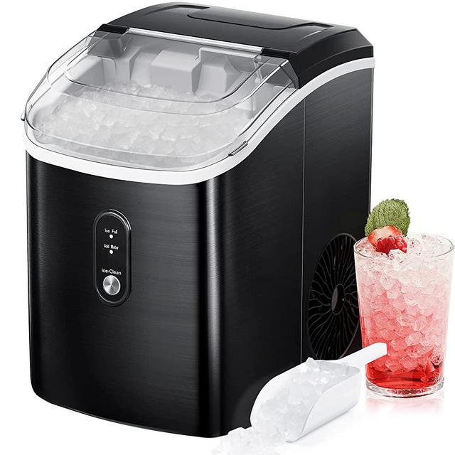 Nugget Ice Maker Countertop with Soft Chewable Pellet Ice, 34lbs in 24 Hours,Pebble Portable Ice Machine with Automatic Self-Cleaning, One-Click Operation, for Kitchen,Office Stainless Steel Black