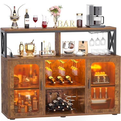 Aheaplus Bar Cabinet with Power Outlets, Liquor Cabinet with Led Lights and Glass Holder, Storage Buffet Cabinet Coffee Bar Cabinet for Liquor, Wine Cabinet with Racks, Rustic Brown