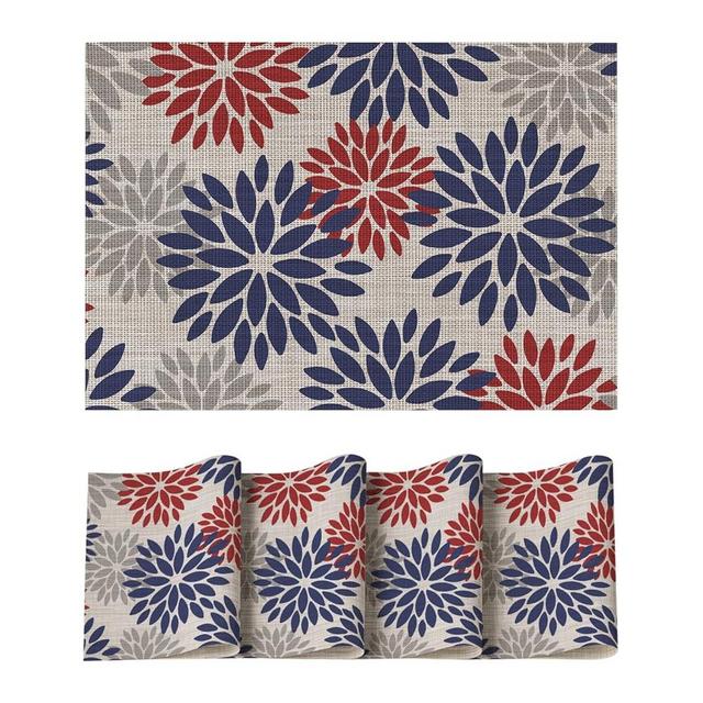 Artoid Mode Floral Vinyl Plastic Placemats Set of 4, 12x18 Inch 4th of July Patriotic Memorial Day Washable Non-Slip PVC Place Mats for Party Kitchen Dining Decor, Red Blue