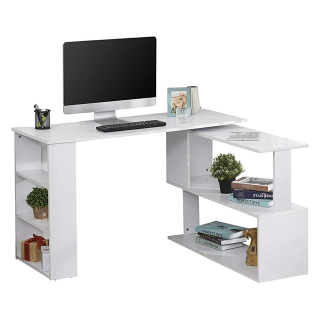 HOMCOM 360° Rotating Home Office Corner Desk and Storage Shelf Combo Modern L Shaped Rotating Computer Desk with Bookshelves - White