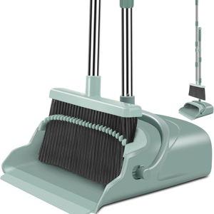 kelamayi Upgrade Broom and Dustpan Set, Large Size and with Long Handle, Upright,Ideal for Indoor Outdoor Garage Kitchen Room Office Lobby Use (Green)