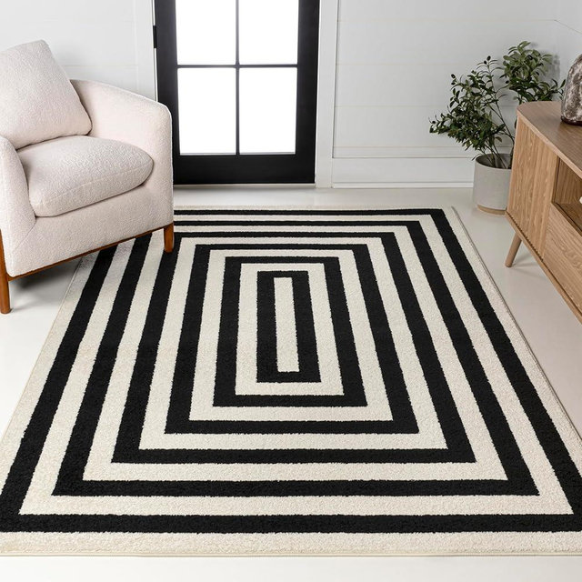 JONATHAN Y MOH211F-8 Bandol Modern Classic Mitre Stripe Black/Ivory 8 ft. x 10 ft. Area Rug, Pet Friendly, Non Shedding, Stain Resistant, Easy-Cleaning for Home, Bedroom, Living Room, Kitchen