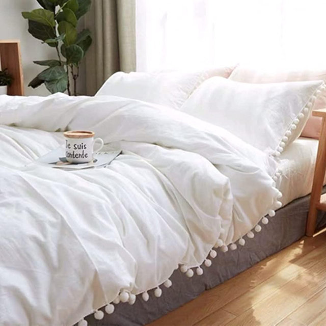 White Duvet Cover Queen Size, 3 Piece Boho Bohemian Pom Fringe Microfiber Bedding Comforter Cover Set, Soft and Lightweight (90x90)