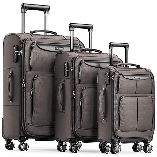 SHOWKOO Luggage Sets 3 Piece Softside Expandable Lightweight Durable Suitcase Sets Double Spinner Wheels TSA Lock Light Coffee (20in/24in/28in)
