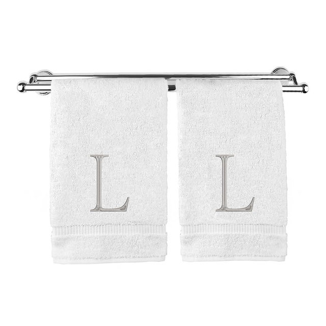 Monogrammed Hand Towel, Personalized Initial Gift, Extra Absorbent 100% Turkish Cotton - Soft Terry Finish - Set of 2 - Silver Block Initial L - Embroidered on White Towels