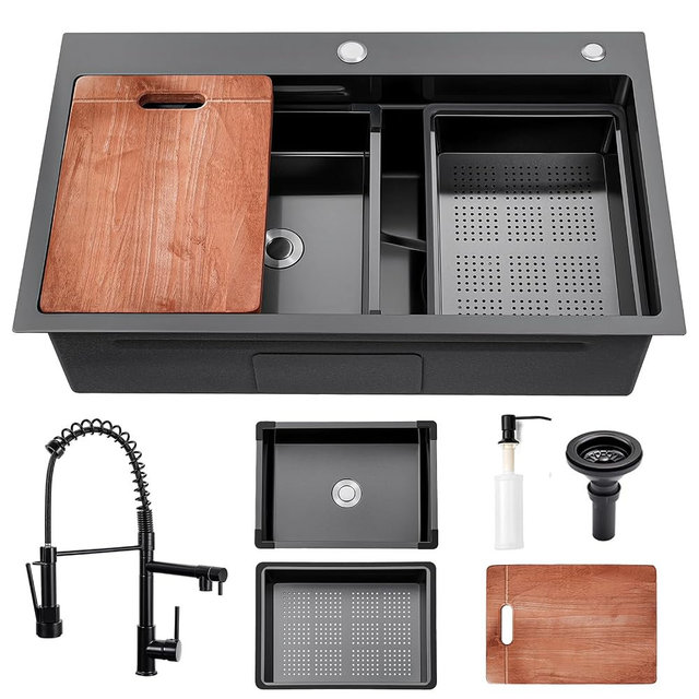 Vilass Black Kitchen Sink 30 Inch Gunmetal Black Drop In Kitchen Sink with Faucet Combo Modern Workstation Stainless Steel Sink Top Mount Single Bowl Farmhouse Kitchen Sinks