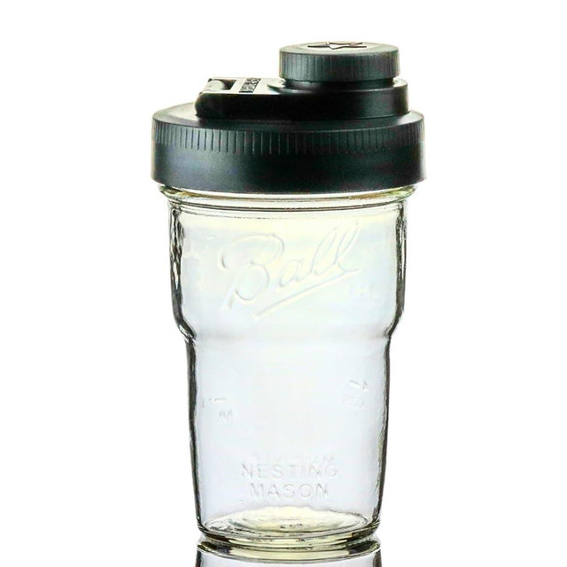 Brewing America Nesting Jar with Drinking Lid as Travel Cup, 1 Pint (16 oz) with Black Pouring Lid on Wide Mouth Ball Nesting Mason Jar, USA-Made To Go Drink Cup, 1-Pack