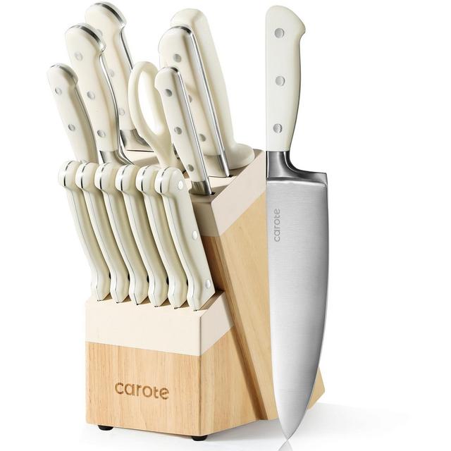 CAROTE 14 Pieces Knife Set with Hardwood Storage Block, Knife Block Set Dishwasher Safe, White