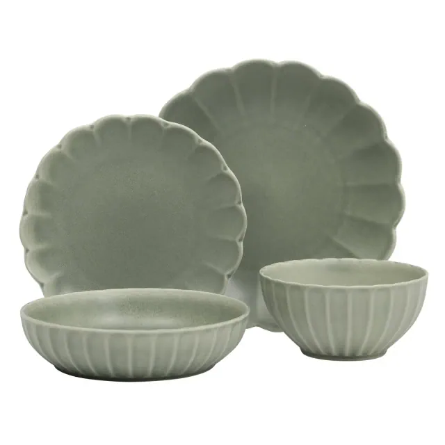Gibson Elite Malibu Shore 16 Piece Scallop Stoneware Reactive Glaze Ceramic Plates and Bowls Dinnerware Set - Green