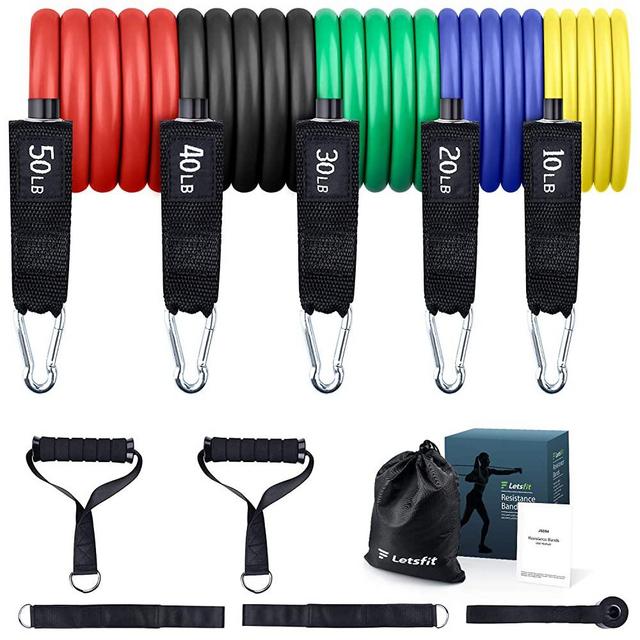 Letsfit Resistance Bands Set, Exercise Bands with Handles, Training Tubes with Door Anchor & Ankle Straps for Resistance Training, Physical Therapy, Home Workout, Yoga, Pilates Stackable up to 150 lb