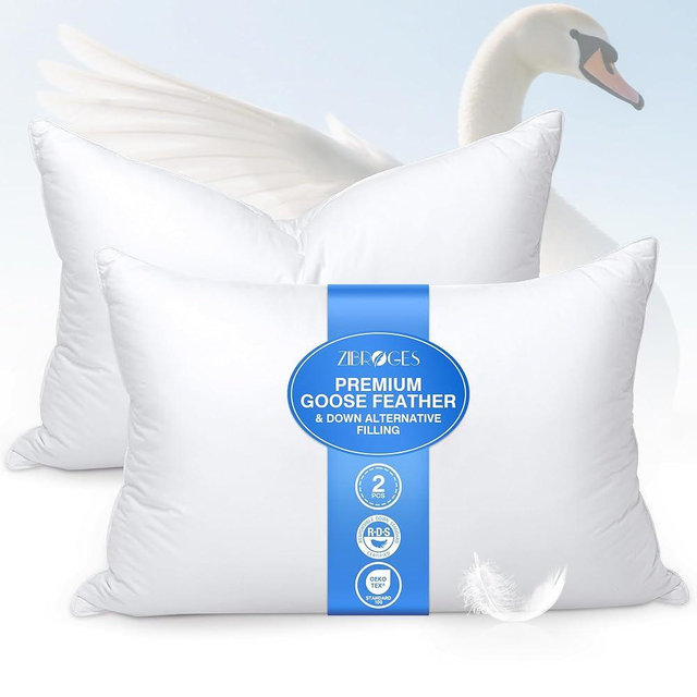 zibroges Feather Pillows Queen Size Set of 2 - Goose Down Hotel Bed Pillow for Sleeping, Soft 600 Thread Count Cotton Cover, Fluffy Support Surround Fill Polyester for Side, Back, Stomach Sleepers