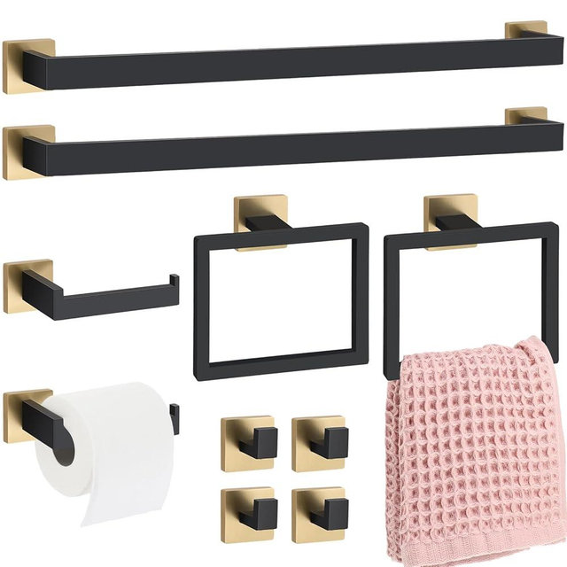 Gisafai 10 Pcs Bathroom Hardware Accessories Set 23.6 Inch Bath Towel Bar Kit Stainless Steel Bathroom Hardware Set Towel Racks Ring Hooks Paper Holder for Wall Mounted (Black Gold)