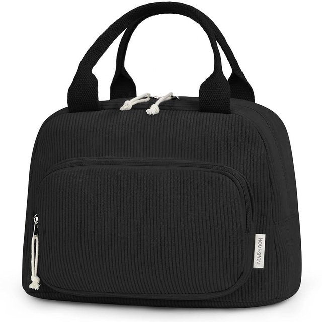 HOMESPON Lunch Bag for Women Men Adults with Front Pocket Cute Corduroy Insulated Lunch Tote Large Capacity Lunch Box Cooler Container for Work Picnic or Travel (Black)