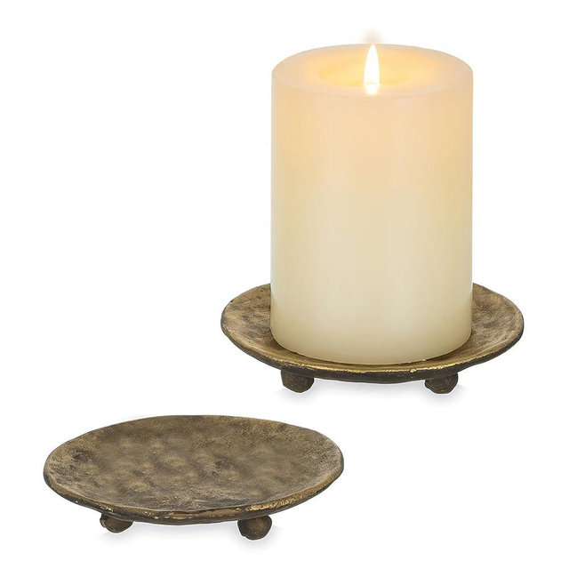 Inweder Cast Iron Candle Holder: 4.6 in Pillar Gold Candle Plate Brass Pedestal Stand Vintage Decorative Tray for 3 Wick Jar Candles Tealight Votive for Table Home Christmas Set of 2