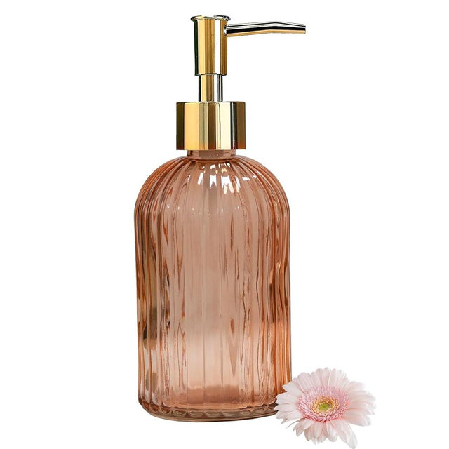 Glass Soap Dispenser with Gold Plastic Pump, 13.5oz Refillable Liquid Hand Soap Dispenser, Crystal Lotion Bottle for Modern Home Decor, Bathroom, Kitchen Countertop, Hotel(Orange)