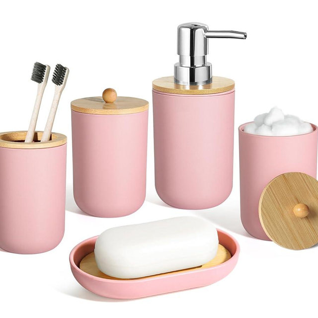 ALPIRIRAL Pink Bathroom Accessories - 5 Pcs, Plastic Decor Set, Soap Dispenser, Toothbrush Holder, Soap Dish, Cotton Swab Jar, Boho Organizer