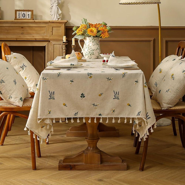 LOHUT Linen Embroidered Tablecloth – Vintage Daisy Design with Tassels, Boho & Modern Rectangular Tablecloth for Dining, Coffee, Round, or Picnic Tables, Home or Commercial Use, 54" Wx54 L