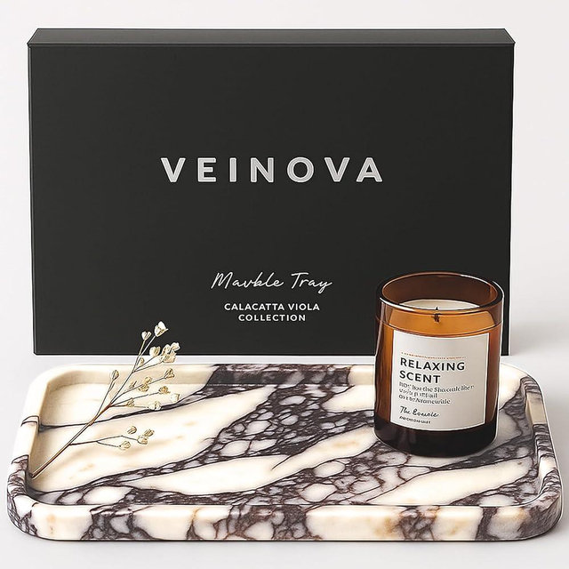 Veinova Calacatta Viola Marble Tray, Elegant Natural Stone Marble Decorative Tray for Vanity, Bathroom, Kitchen and Home Decor, Unique Design with Soft Corners, Premium Packaging, Large (12"x 8")