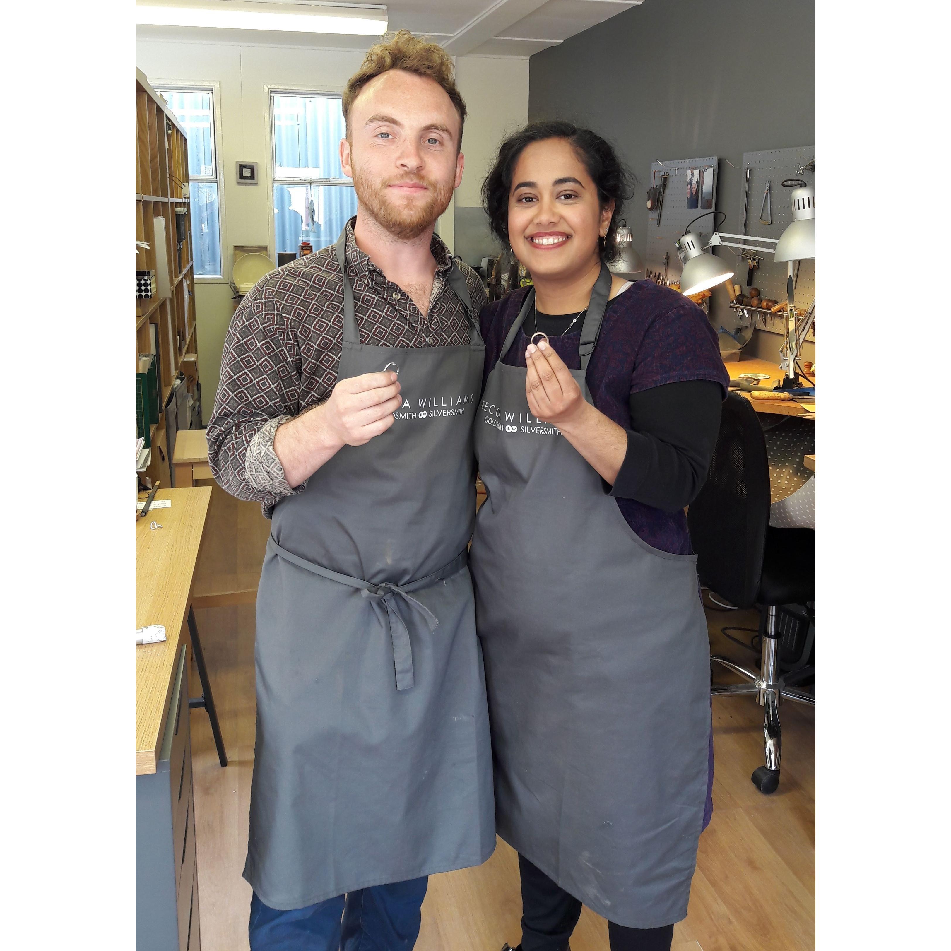 Our proudly finished rings - Ben made Misha's, and Misha made Ben's!