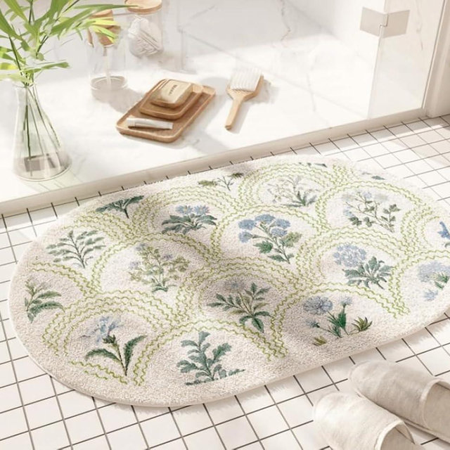 gdmgdr Spring Floral Bathroom Rug 32" x 20" Wild Flowers Bathroom Mat Boho Floral Bath Rug (Oval, Green)