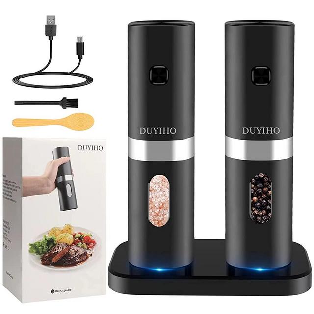 Rechargeable Electric Salt and Pepper Grinder Set with Double Charging Base, Support Battery Operated, Refillable Spice Automatic Mill Shakers Set with Adjustable Coarseness & LED Light