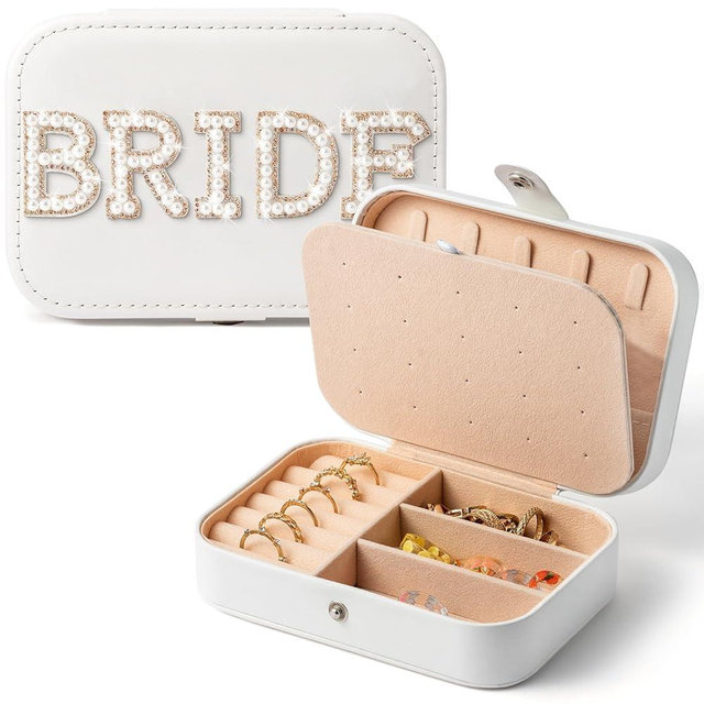 Belanttega BRIDE Travel Jewelry Box Bride Pearl Portable Jewelry Case Rings Earrings Necklaces Bracelets Organizer Box Travel Storage Container for Women, Bridal Engagement Weeding Shower Gifts (Gold)