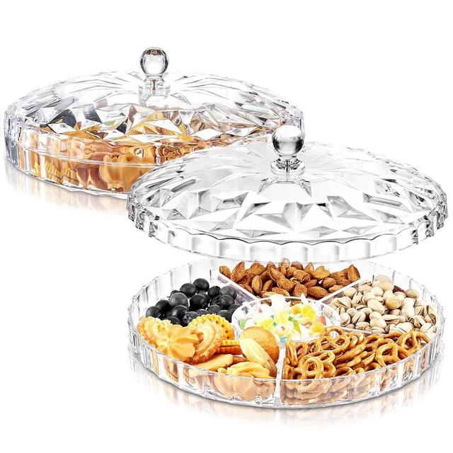 Roshtia 2 Pcs Snack Tray with Lid 12" Divided Serving Tray Plastic Dried Fruit Tray 6 Compartments Food Storage Organizer for Dried Fruits, Nuts, Candies, Sweet Cookies and Fruits