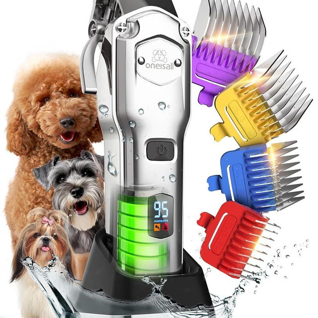 oneisall Dog Clippers for Grooming Thick Hair Professional,Cordless/Low Noise Pet Grooming Kit with Detachable Metal Combs, Rechargeable Heavy-Duty Pet Clippers for Thick/Curly/Fine/Wavy Hair (Sliver)