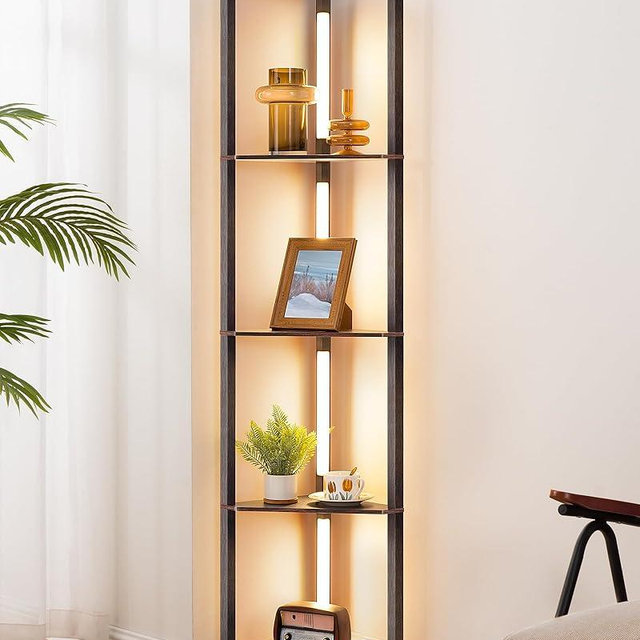 EDISHINE 64" Corner Shelf Floor Lamp for Living Room, Modern LED Corner Light with Shelves, 3CCT, Stepless Dimmable Tall Floor Light for Bedroom, Office, Dining Room, 3000K 4000K 5000K, Black Walnut