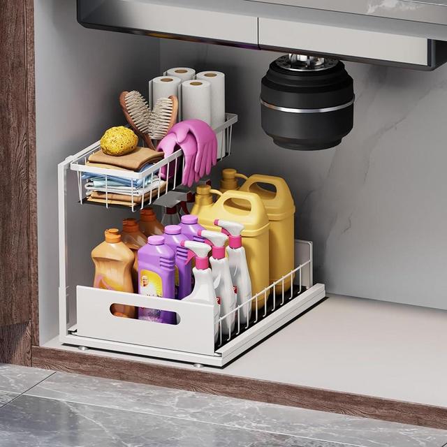 Ceetug Under Sink Organizers and Storage 2 Tier Slide Out Kitchen Cabinet Organizer Sturdy Metal Bathroom Storage, White