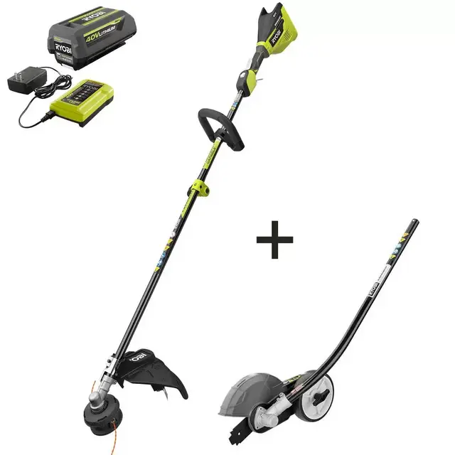 Ryobi 40V Brushless Cordless Battery Attachment Capable String Trimmer and Edger Attachment with 4.0 Ah Battery and Charger