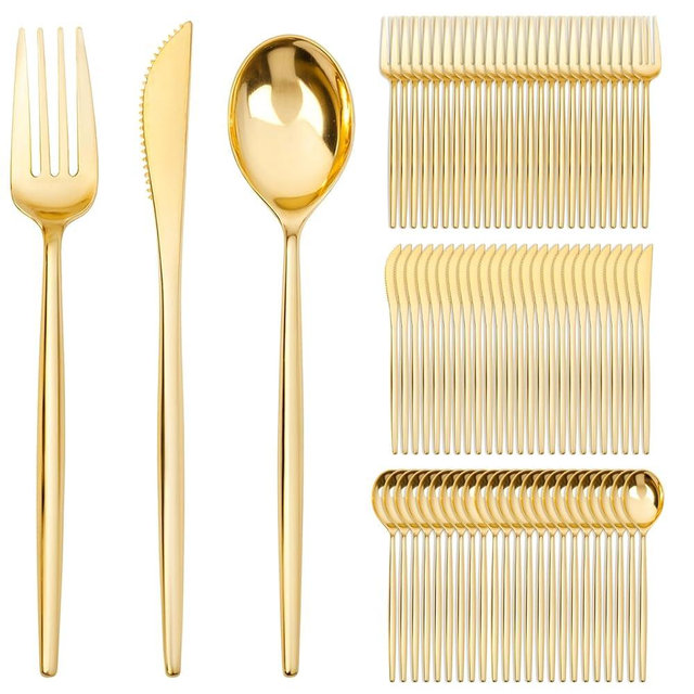 SUT 600 Pcs Gold Plastic Silverware, Gold Disposable Utensils, Heavy Duty Cutlery Set, Disposable Silverware Set Include 200 Forks, 200 Spoons, 200 Knives Heavy Duty Flatware for Party