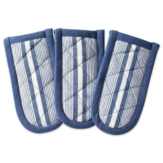 DII Cotton Stripe Quilted Pan Handle, 6x 3" Set of 3, Machine Washable and Heat Resistant for Everyday Kitchen Cooking and Baking-French Blue