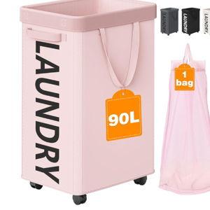 90L Rolling Laundry Basket with Wheels, 29 IN Hamper with Wheels and Removable Mesh Bag, Pink Laundry Baskets on Wheels for Bedroom, Dorm, Clothes Hamper Organizer