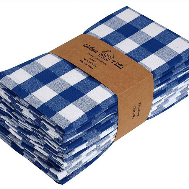 Urban Villa,Buffalo Check Plaid, Premium Quality, Dinner Napkins, 100% Cotton, Set of 12, Size 20X20 Inch, Blue/White Oversized Cloth Napkins with Mitered Corners, Ultra Soft, Durable Hotel Quality