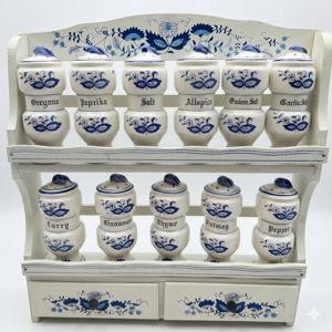 Blue Onion Wood Spice Rack - Ceramic 11 Spice Jars Shakers