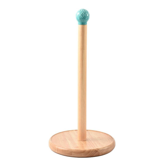 Wooden Paper Towel Holder Countertop, Paper Towel Dispenser Stand with Ceramic Top, Farmhouse Paper Towel Roll Stand for Kitchen Counter（Turquoise）