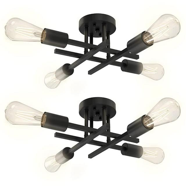 Sunco Lighting Semi Flush Mount Ceiling Light Fixture Matte Black Modern Sputnik Close to Ceiling Chandelier Light Fixture for Living Room Hallway Office, 4 Light Bulbs Included, E26 Socket, 2 Pack