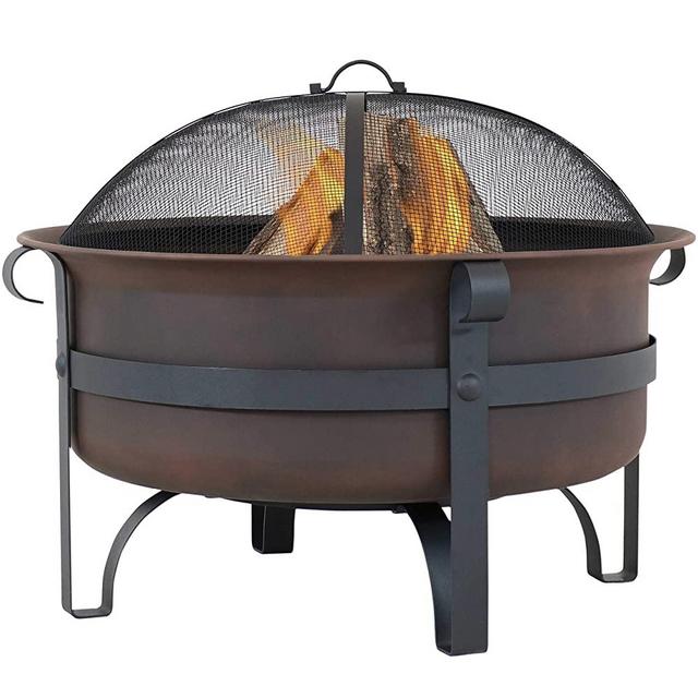 Sunnydaze Large Bronze Cauldron Outdoor Fire Pit Bowl - Round Wood Burning Patio Firebowl with Portable Poker and Spark Screen - 29 Inch