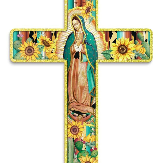 Putuo Decor Mexican Floral Cross Wall Decor Wooden Inspirational Cross Spanish Style Wall Cross Decor Art Wall Decor Crucifix for Home Room Church Decoration (Sunflower)