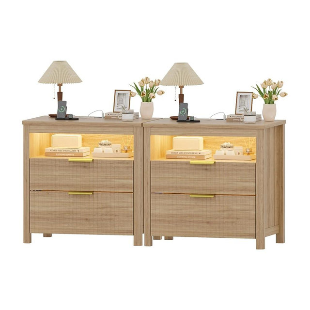 WOOVIVS End Table Set of 2 with Gun Drawer - Farmhouse Night Stand Set 2 with Charging Station for Bedrrom, Smart Side Table with LED Lights,Hidden Compartment Nightstands-Wood