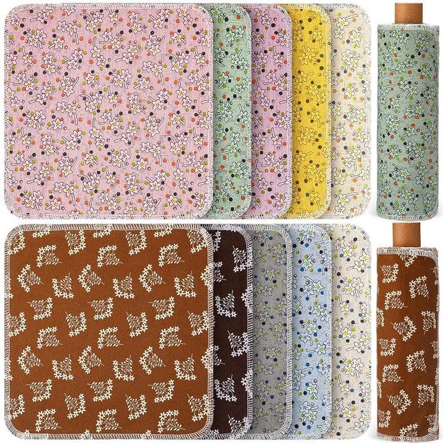Redbaker 50 Pcs Reusable Paper Towels Paperless Reusable Cotton Cloths Toilet Absorbent Washable Paper Towels with Roll Kitchen Dishcloth for Kitchen Paperless Dishcloths(Okra)
