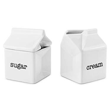 Darware Sugar and Creamer Set, Milk Carton Shaped White Ceramic Cream Jug and Sugar Bowl