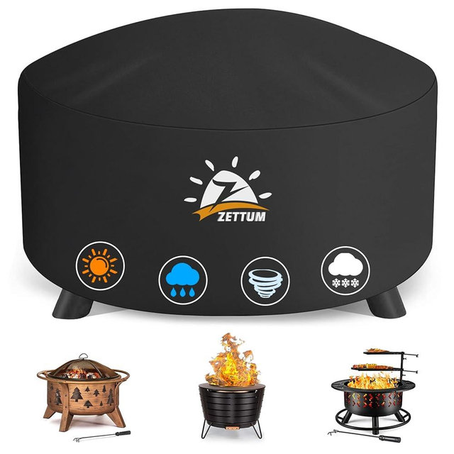 Zettum Fire Pit Cover Round 32 Inch - Outdoor Firepit Cover Heavy Duty & Waterproof, 600D Patio Fire Table Cover Gas Fire Pit Accessories Fade & Weather Resistant - 32 x 32 x 16 Inch