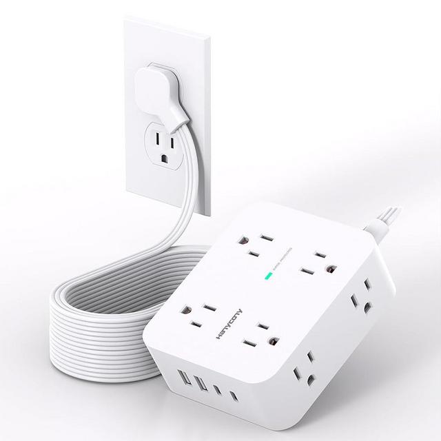 Extension Cord 15 Ft, Power Strip with 4 USB Ports(2 USB C), 8 Surge Protector Outlets with Flat Plug, Wall Mount, Desk for Home Office College Dorm Room Essentials