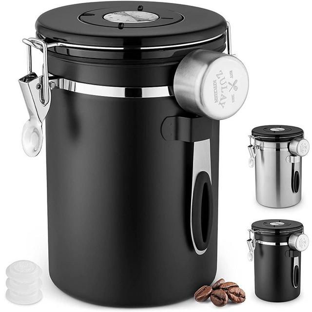 Zulay 21oz Coffee Canister For Ground Coffee - Stainless Steel Coffee Canisters With Scoop Holder & Date Tracker - Airtight Coffee Container & Coffee Storage For Coffee Jar, Tea, Sugar, Flour (Black)