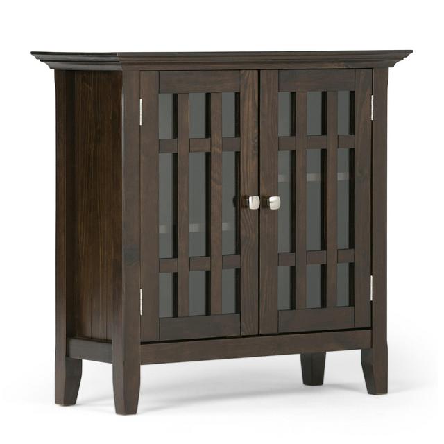 Simpli Home 3AXCBED-03 Bedford Solid Wood 32 inch Wide Rustic Low Storage Media Cabinet in Dark Tobacco Brown