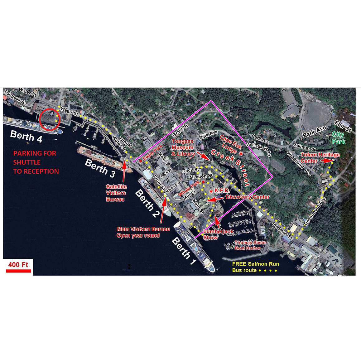 Shuttle to reception site will pick guests up at Berth 4. Guests can walk or find parking downtown; there is a public lot behind the 49er Bar across the street from Berth 4.